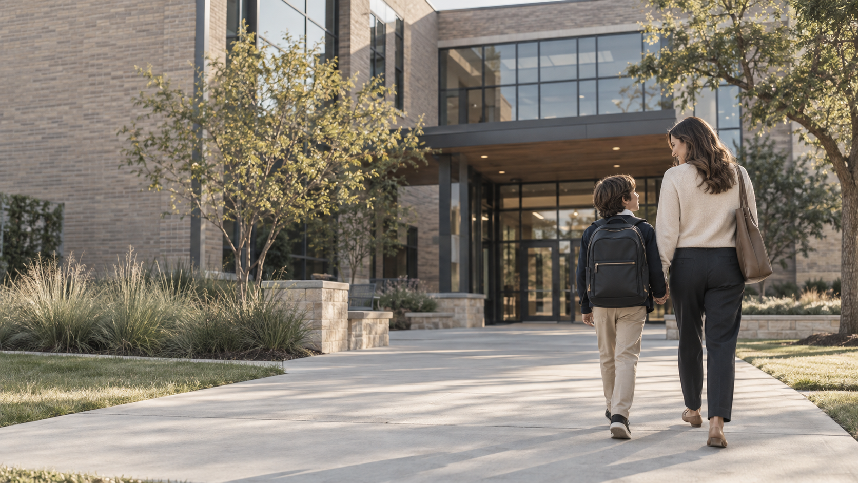 Parent and child arriving at a North Texas private school campus