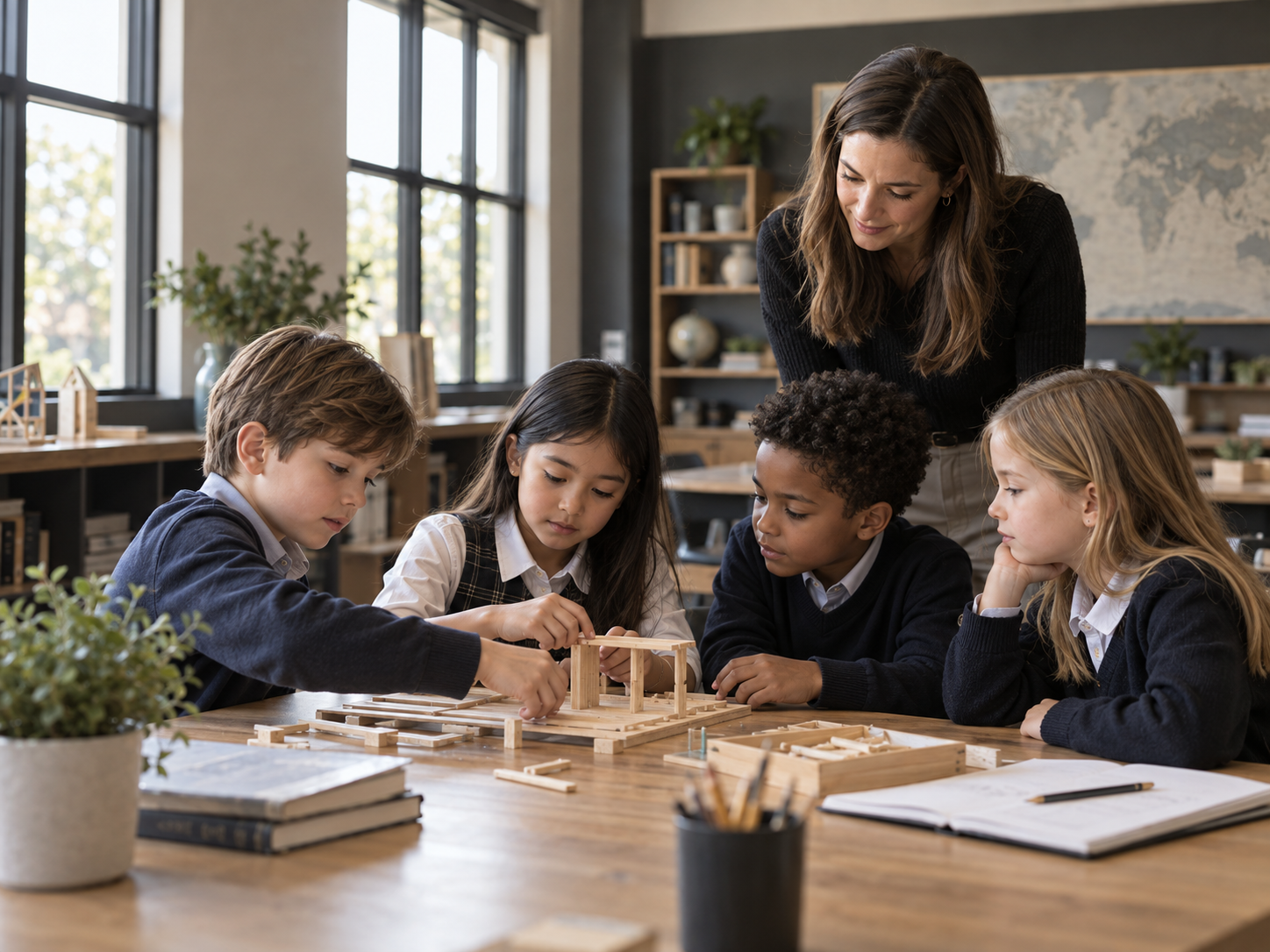 Students collaborating with a teacher in a private school classroom
