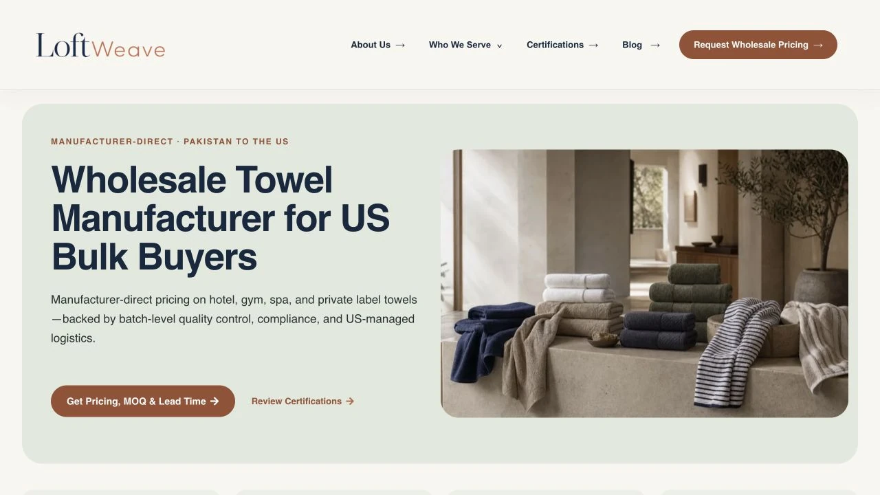 Actual Loft Weave homepage with wholesale towel information and routes to pricing and certifications