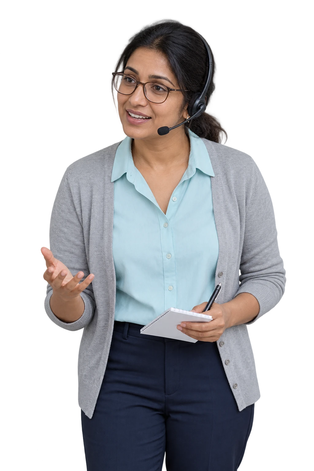 Admissions coordinator wearing a headset and gesturing during a helpful conversation