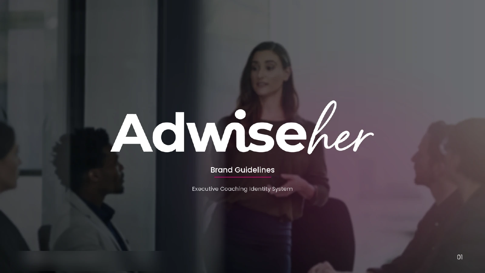 AdwiseHer brand guidelines cover with the white wordmark over an executive coaching scene.
