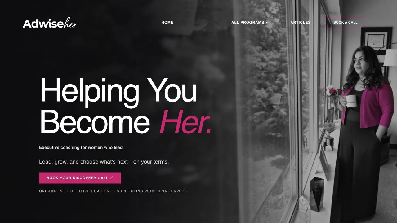 AdwiseHer desktop homepage introducing executive coaching and a discovery call.