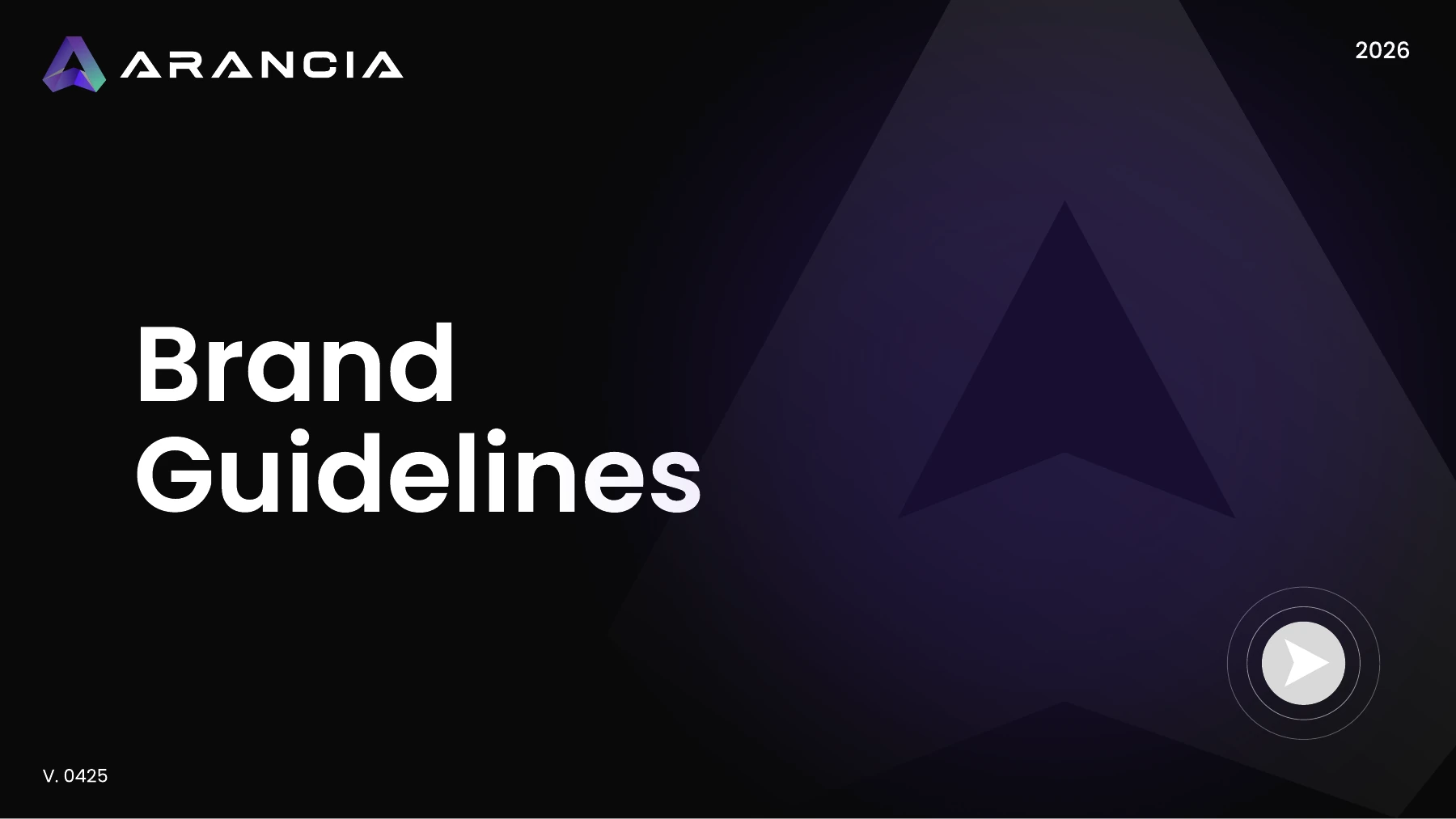Arancia brand guidelines cover with the origami A and violet gradient.
