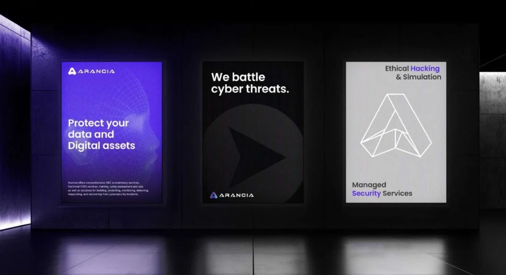 Arancia branding mockup with three illuminated cybersecurity posters in violet, black and white.