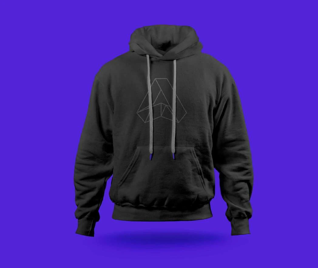 Arancia hoodie mockup with the outlined origami A on a violet background.