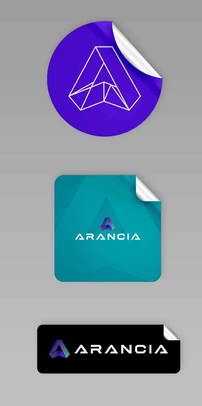 Arancia sticker mockups using the outlined mark and the gradient origami logo.