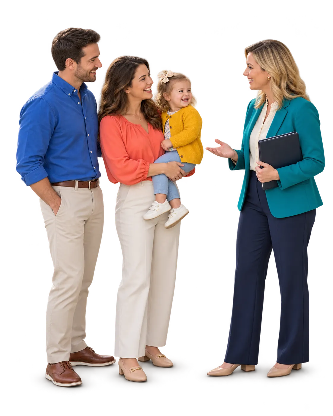 Illustrative school director welcoming parents and a toddler held by the mother for a school tour.