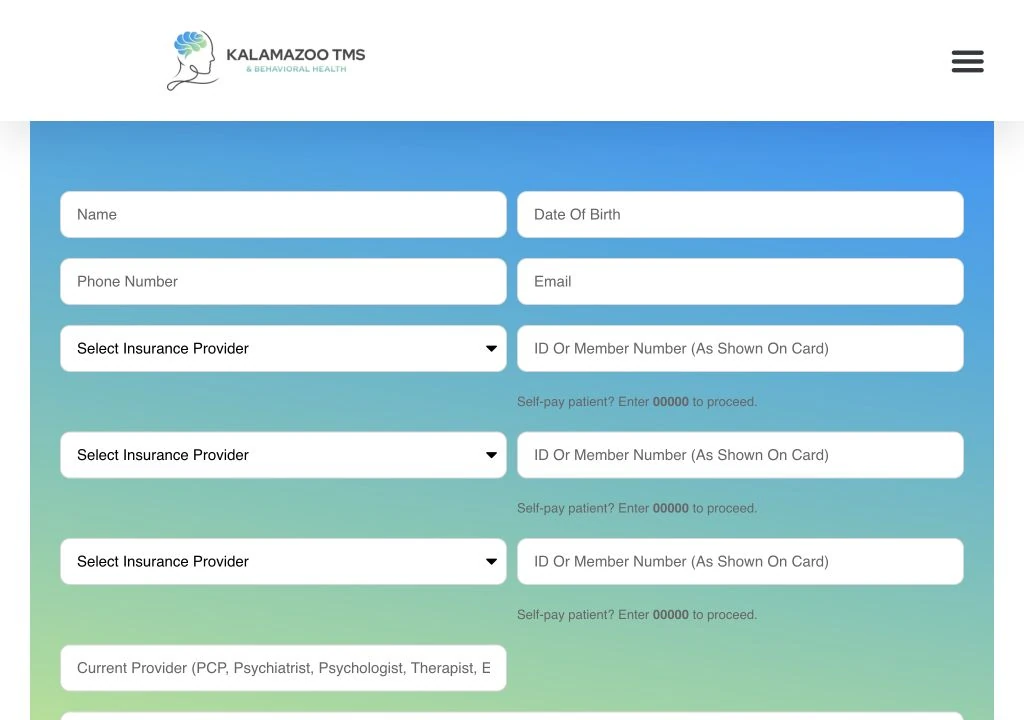 Empty Kalamazoo TMS new-patient request form with contact and insurance fields