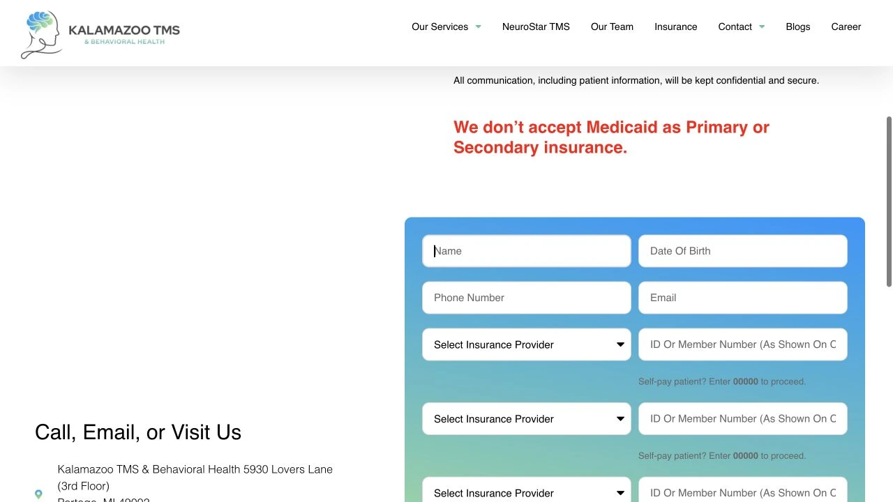 Empty Kalamazoo TMS new-patient request form with contact and insurance fields