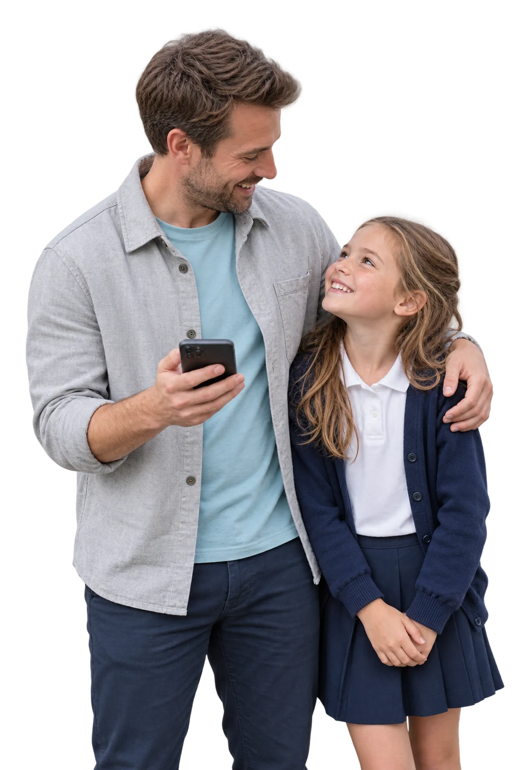 Father and daughter smiling at each other while sharing a school update on a phone