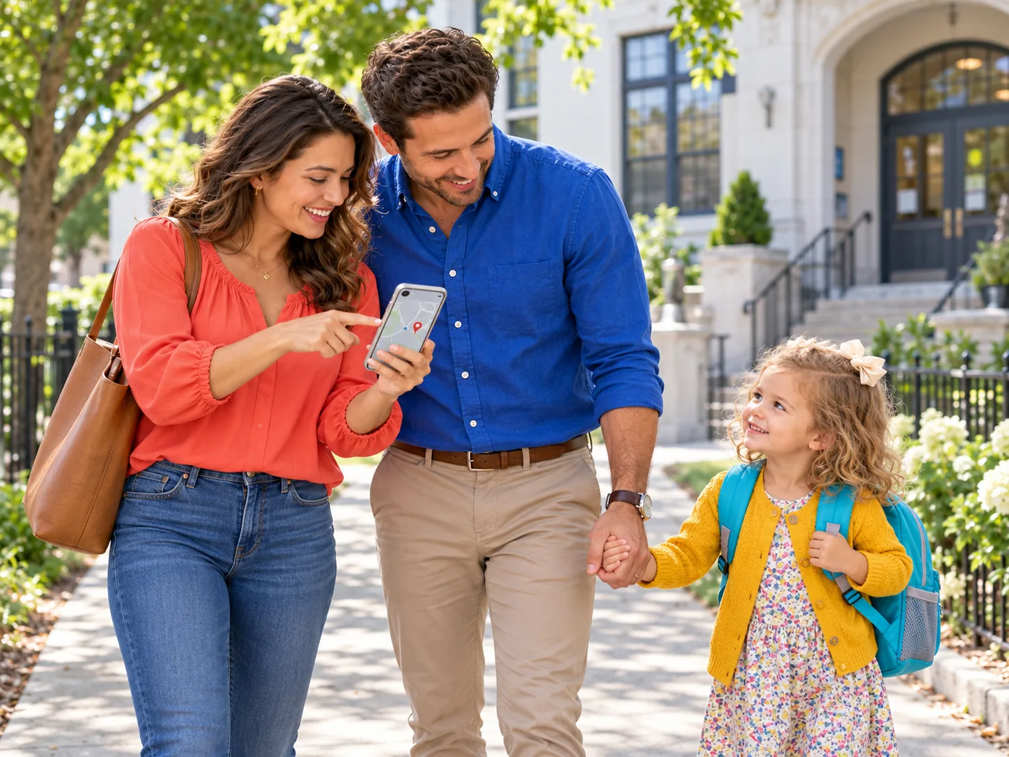 Illustrative family checking a school location on a phone, with their daughter wearing a cyan backpack.