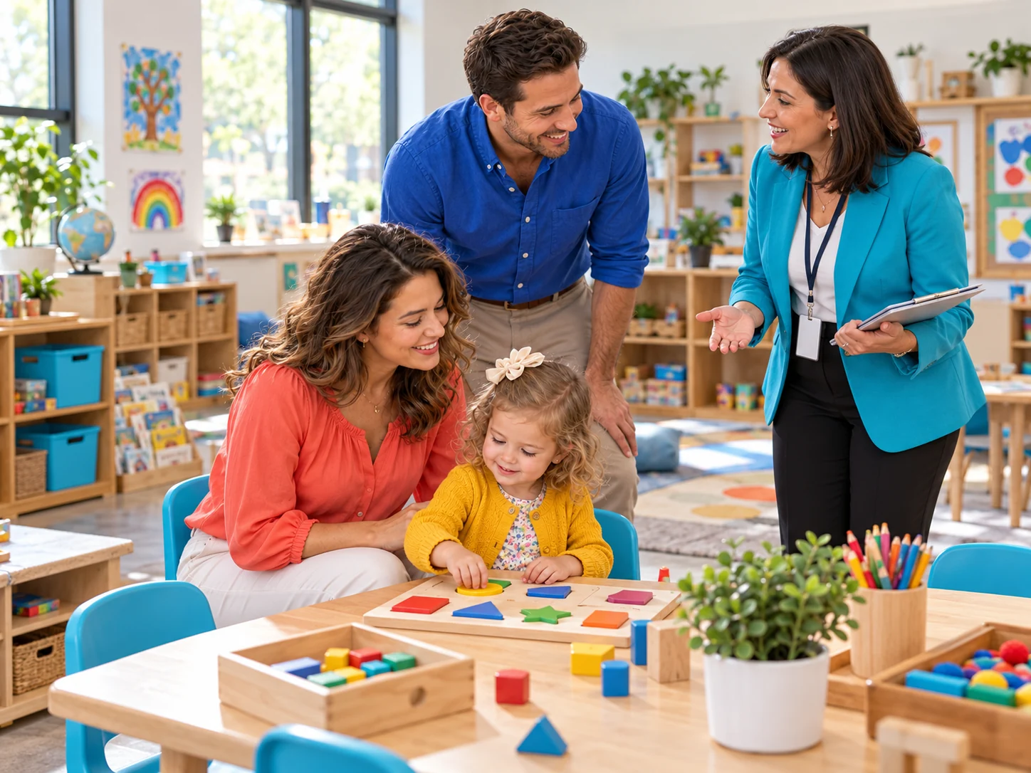 Illustrative family touring a colorful classroom with a director as their daughter explores a puzzle.