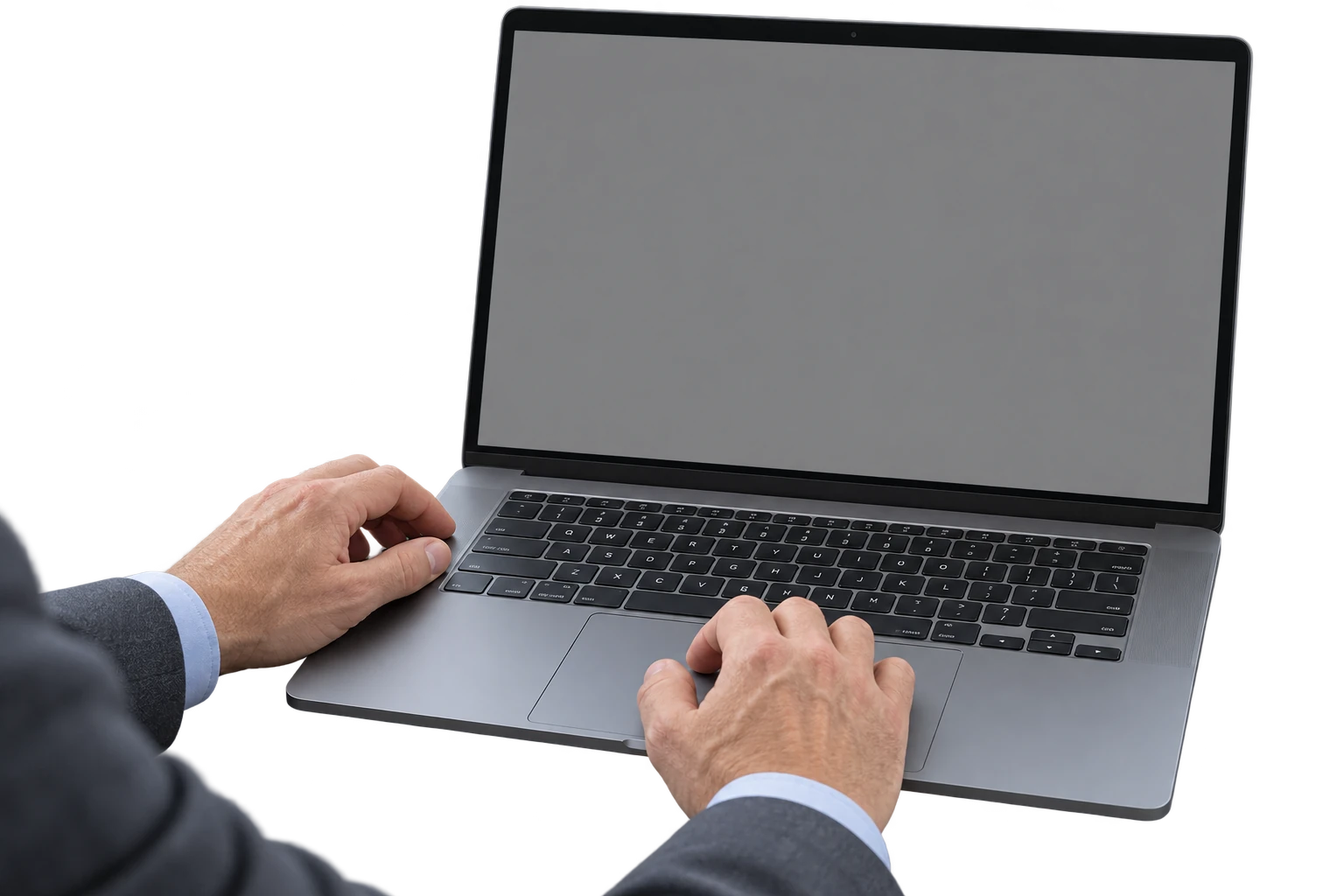 Illustrative laptop-in-use mockup with blue shirt cuffs and hands