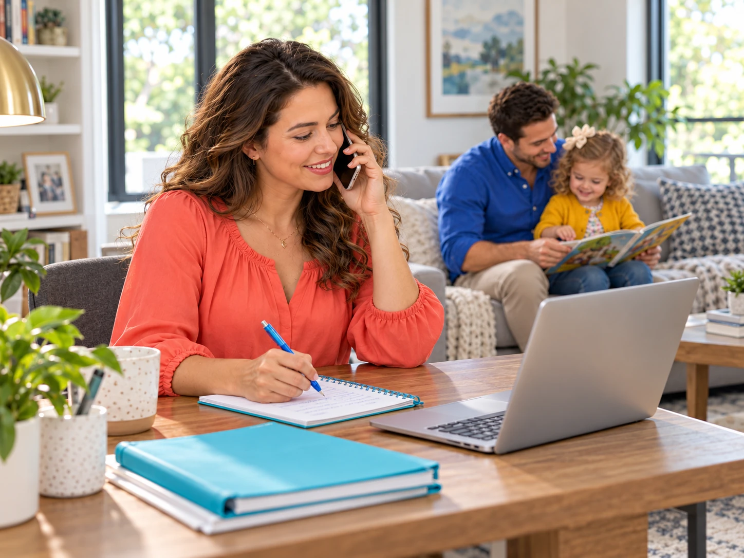 Illustrative mother calling a school and taking notes while father and daughter read together.