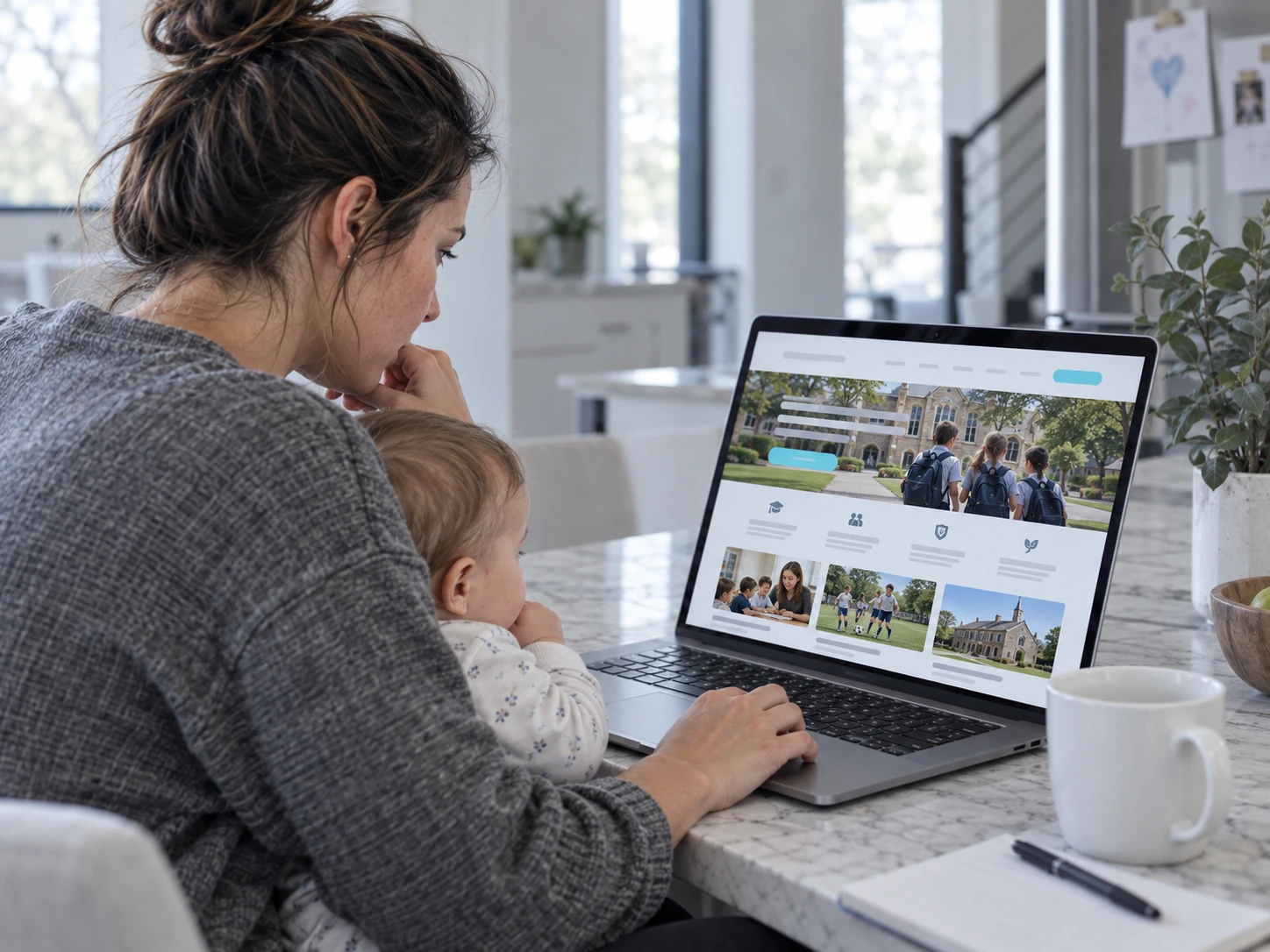 Illustrative parent and toddler browsing a school website on a laptop.