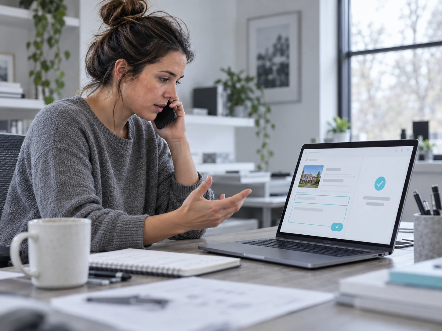 Illustrative parent calling a school while reviewing information on a laptop.