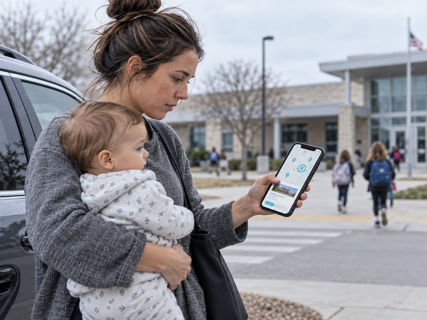 Illustrative parent holding a toddler and checking a phone outside a school.