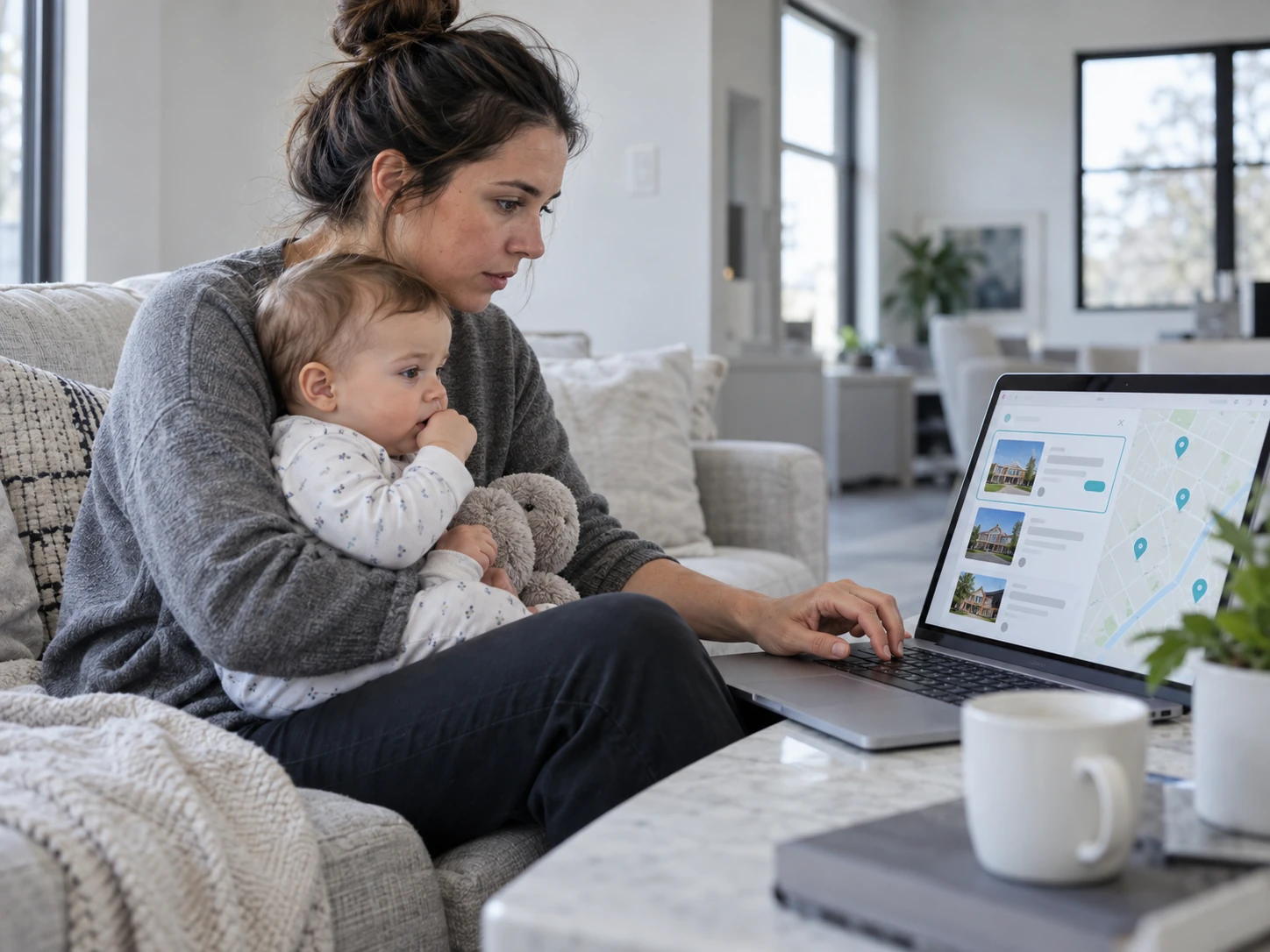 Illustrative parent holding a toddler while browsing school information on a laptop.