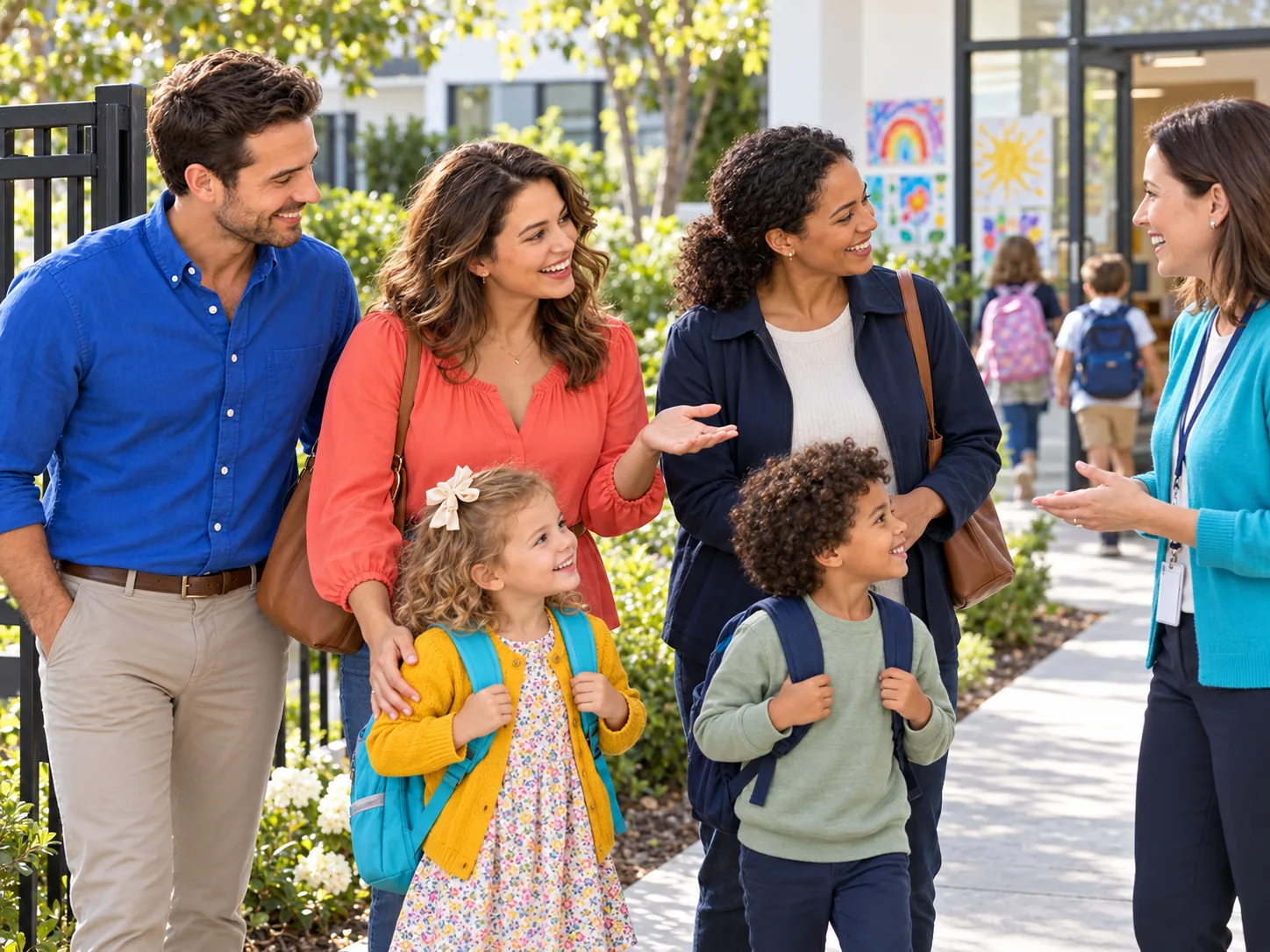 Illustrative parent introducing another family to a school director as their children walk together.