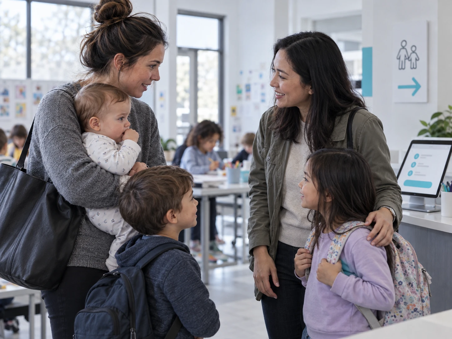 Illustrative parents and children talking together inside a school.
