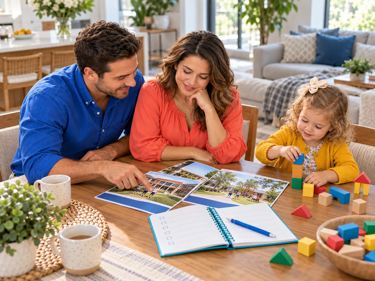 Illustrative parents comparing school brochures and a checklist while their daughter builds with blocks.