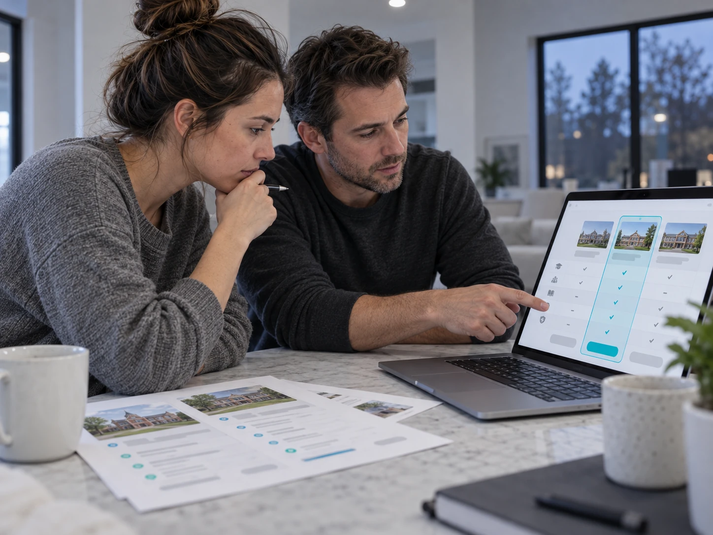 Illustrative parents comparing school information together on a laptop.
