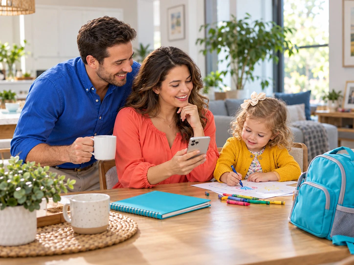 Illustrative parents starting a school search on a phone while their daughter draws beside a cyan backpack.