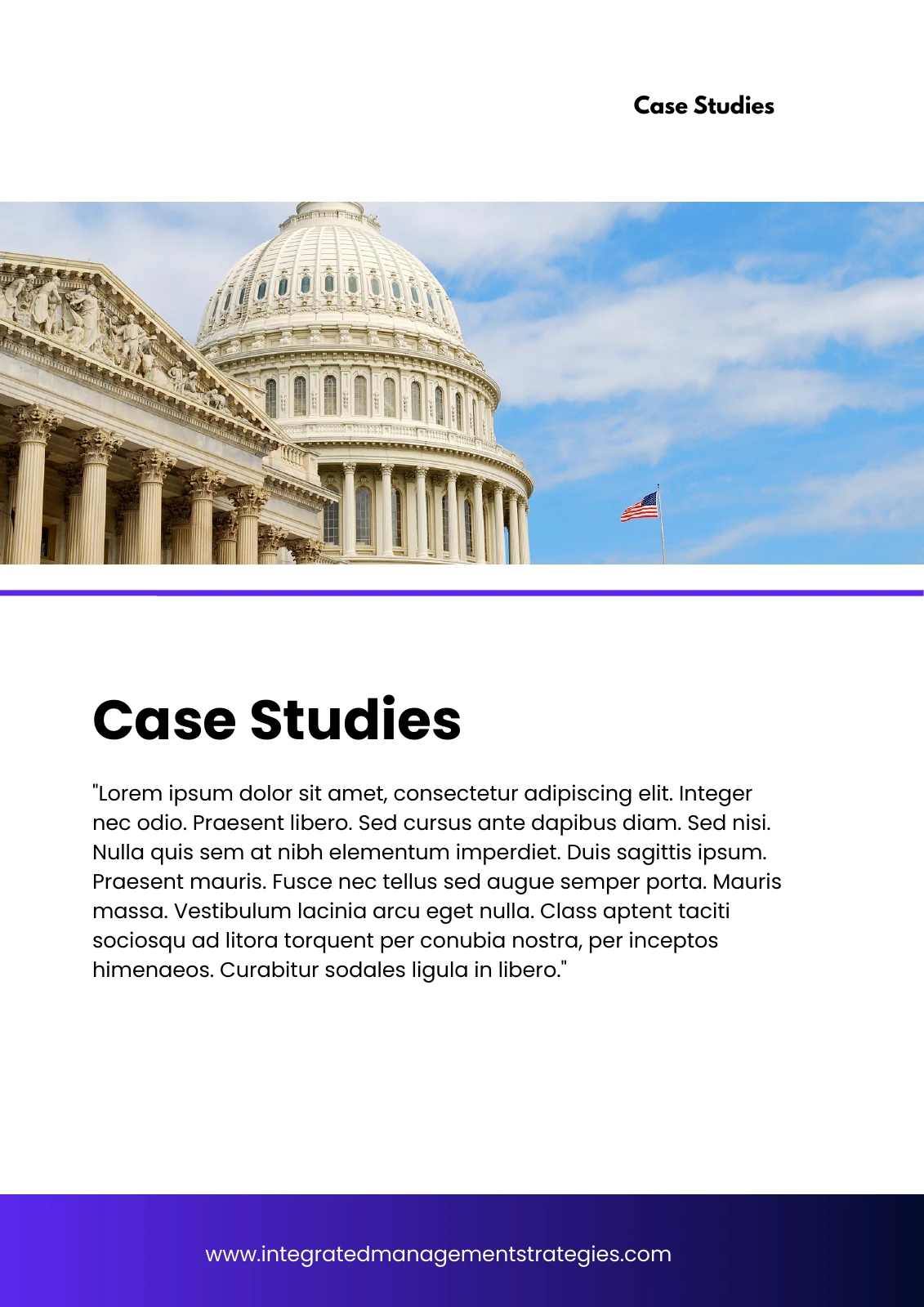 IMS case study template with a Capitol photograph, sample copy and purple footer.