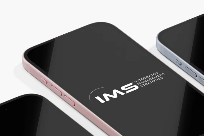 IMS smartphone brand application mockup with a white wordmark on a dark screen.