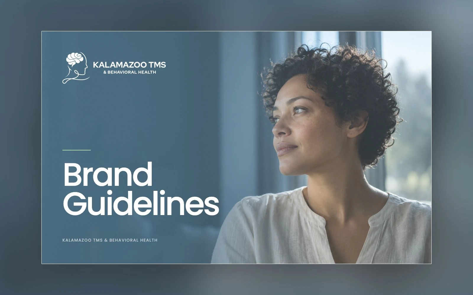 Kalamazoo TMS Brand Guidelines cover with original logo and a thoughtful portrait in blue-toned light