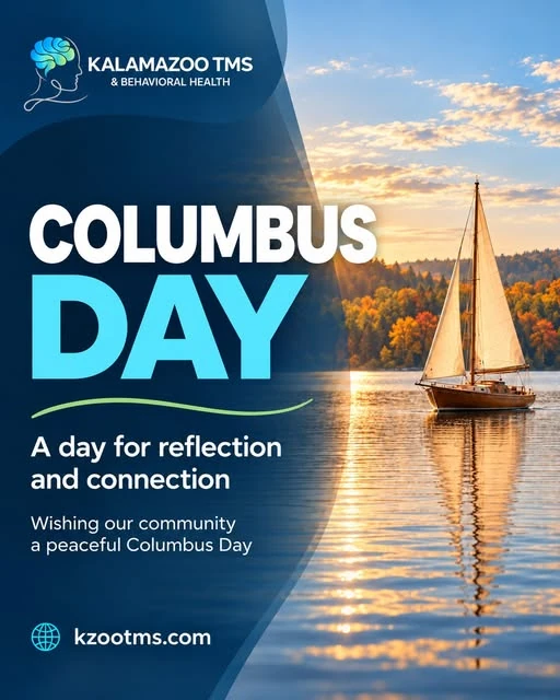 Kalamazoo TMS Columbus Day post with a sailboat and blue branded panel