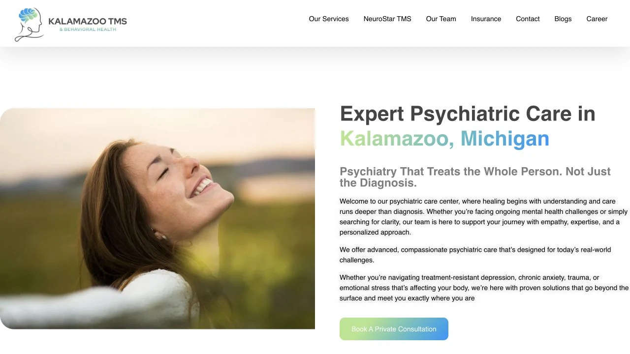Kalamazoo TMS desktop homepage with clinic navigation and a consultation request button