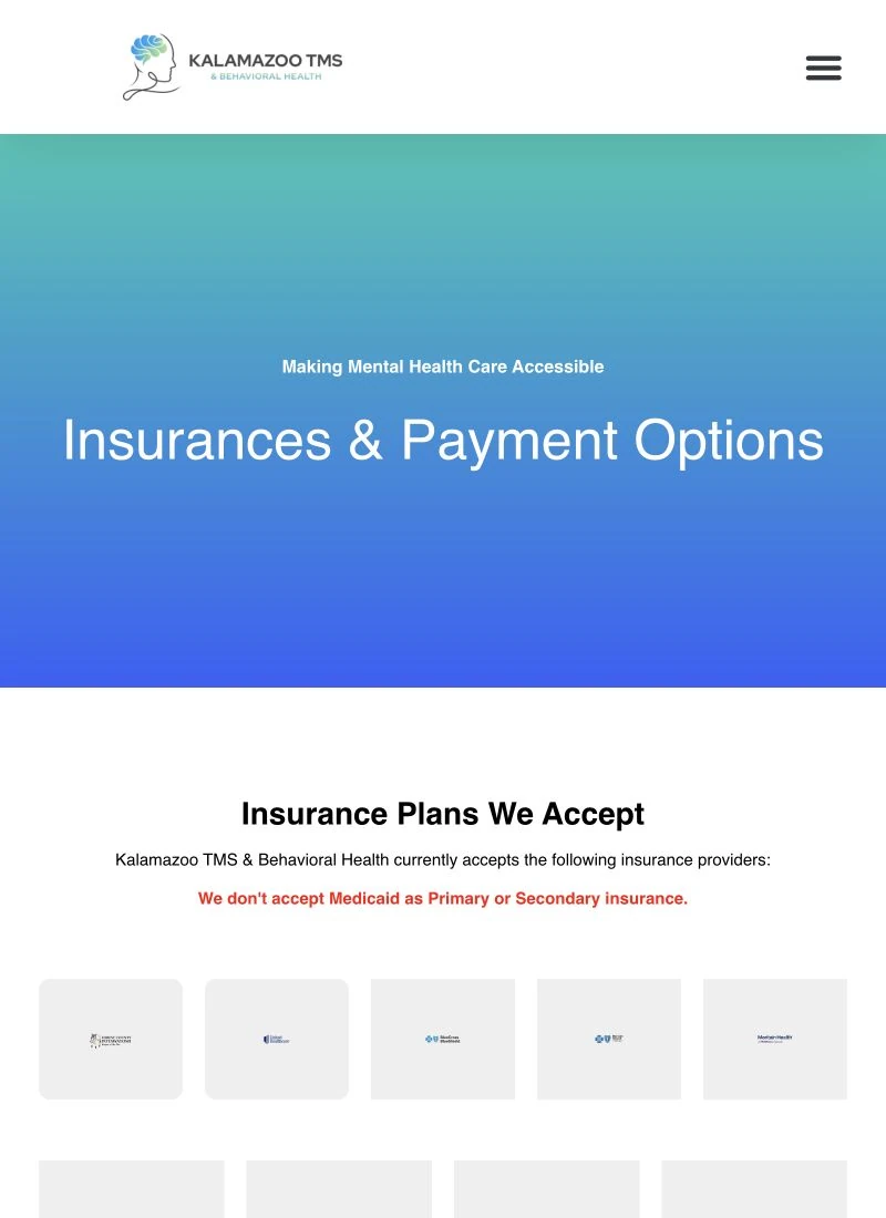 Kalamazoo TMS insurance page with accepted-plan logos, captured at tablet width