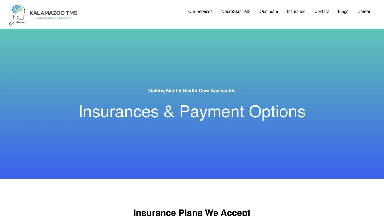 Kalamazoo TMS insurance page with payment information and provider logos