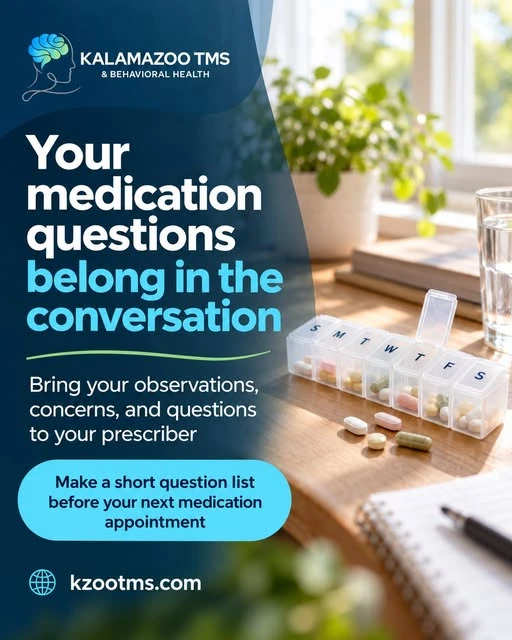 Kalamazoo TMS medication conversation post with a weekly pill organiser