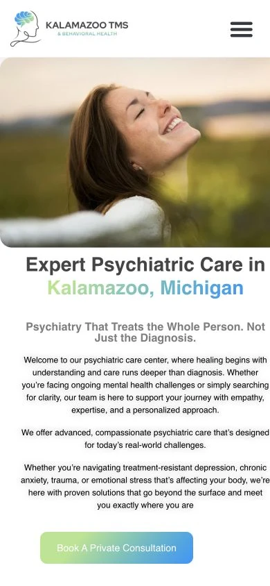 Kalamazoo TMS mobile homepage showing the clinic introduction and consultation request