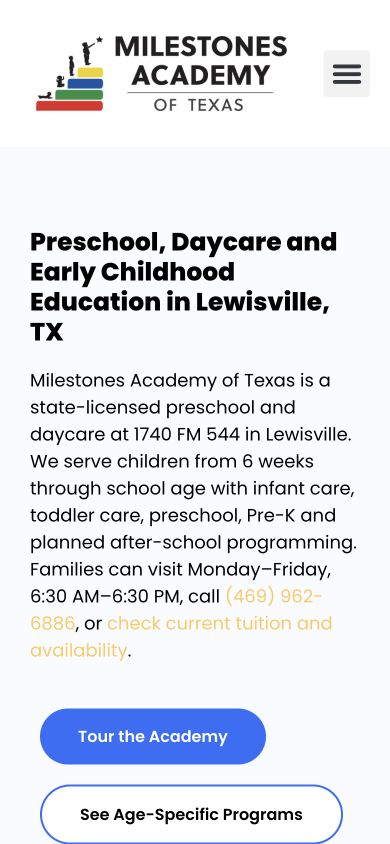 Milestones Academy mobile homepage with its original color logo, program introduction and tour links.