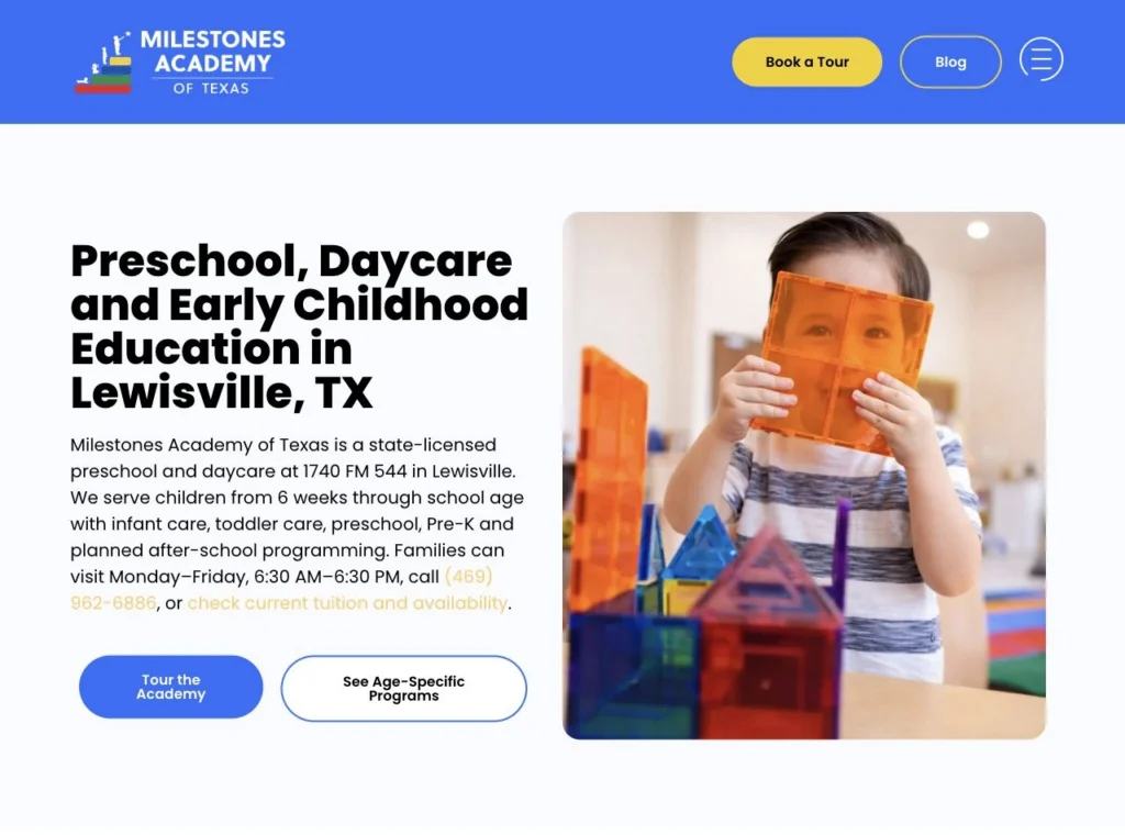 Milestones Academy of Texas homepage with program information and a tour-booking link