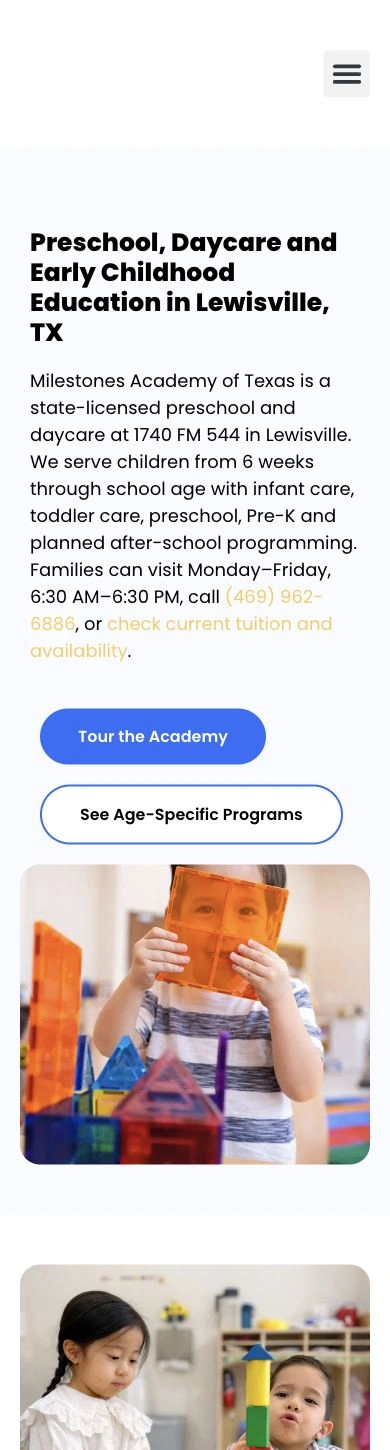 Milestones Academy of Texas mobile homepage with program details and a tour-booking button