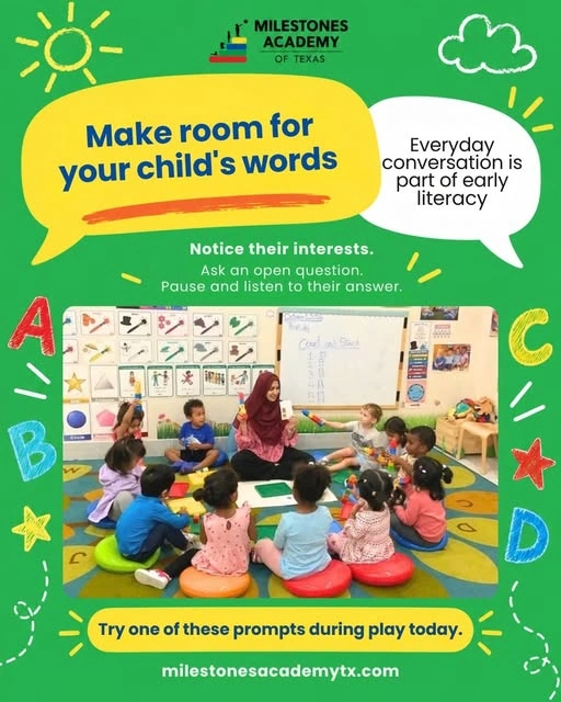 Milestones social post about conversation and early literacy with a classroom photograph