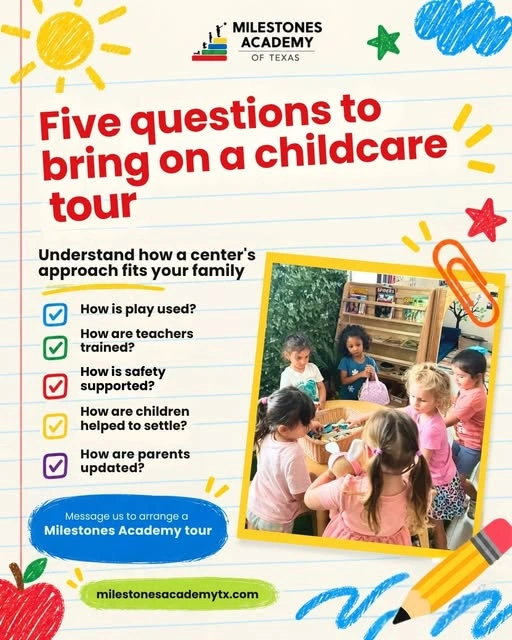 Milestones social post with five questions for parents to ask on a childcare tour
