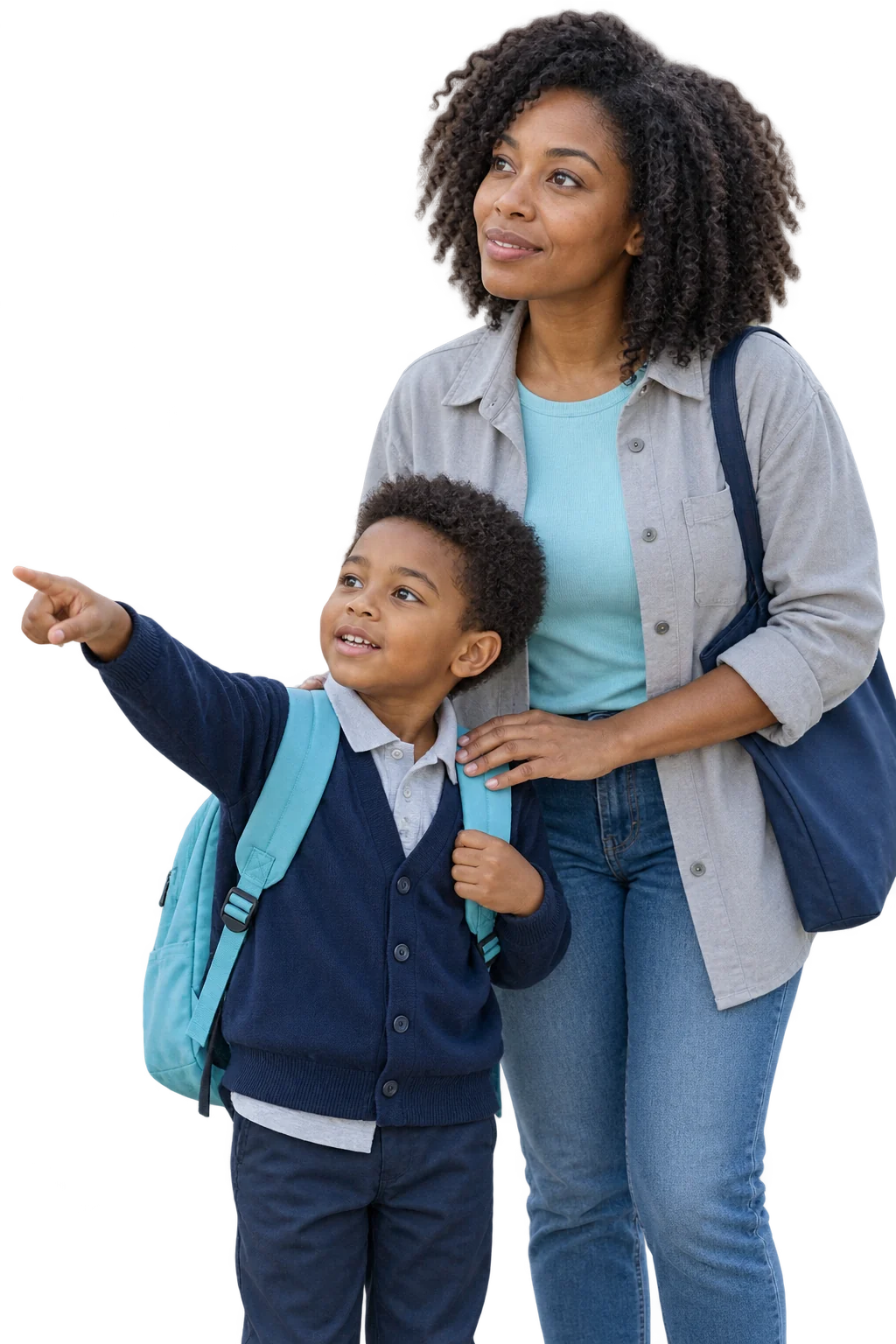 Mother and son looking toward a school visit, with the boy pointing and wearing a cyan backpack