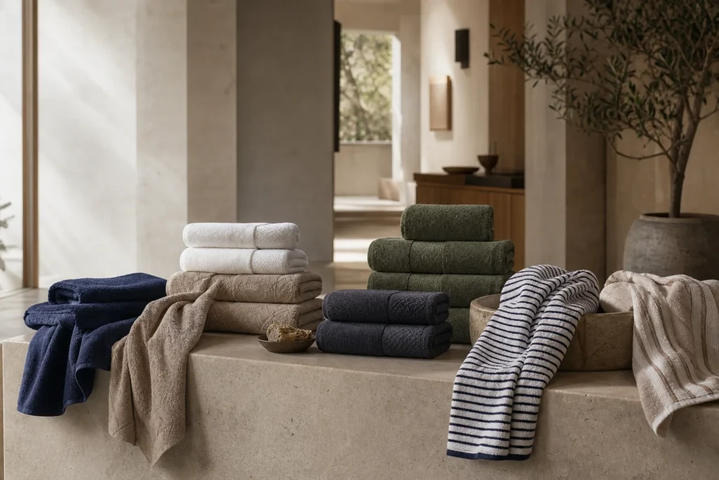 Navy sage cream and striped towels in the original Loft Weave website hero artwork