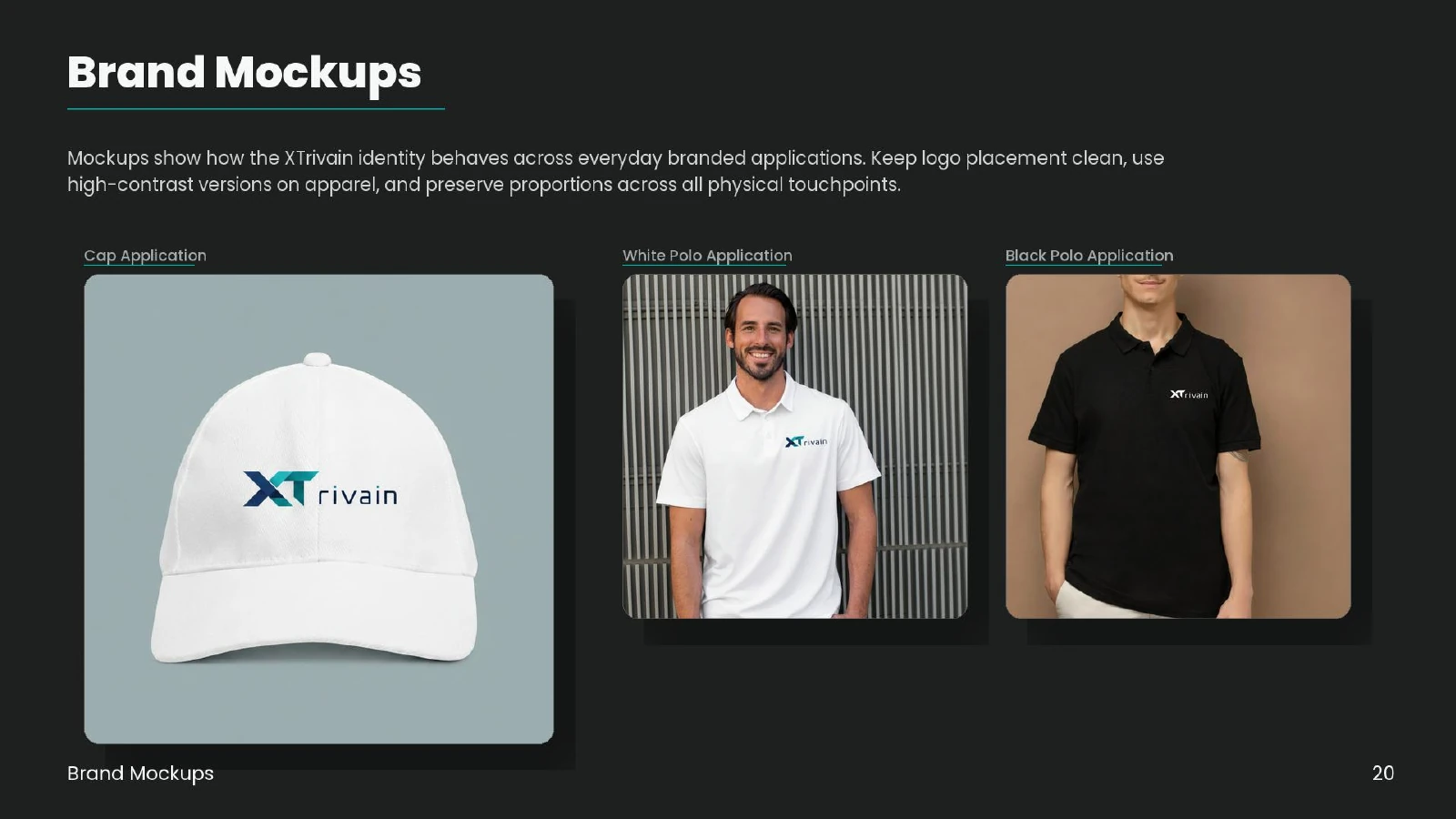 Original XTrivain cap and shirt mockups from the brand guidelines.