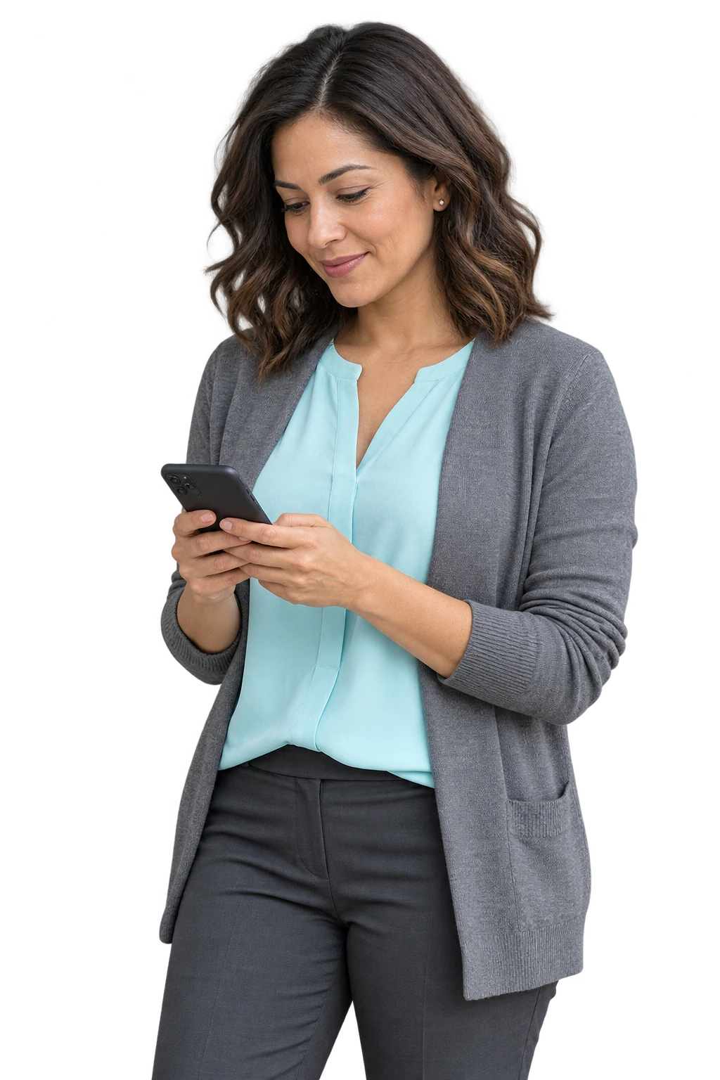 Parent in a grey cardigan and pale cyan blouse reviewing school information on a phone