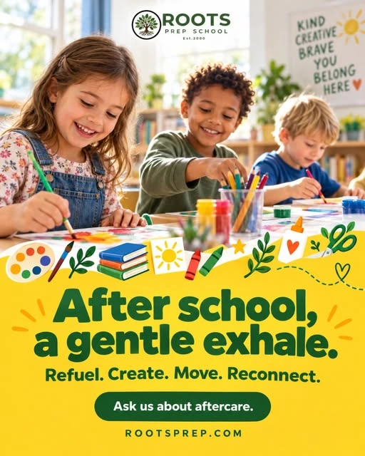 Roots Prep School aftercare post showing children drawing above a yellow caption panel