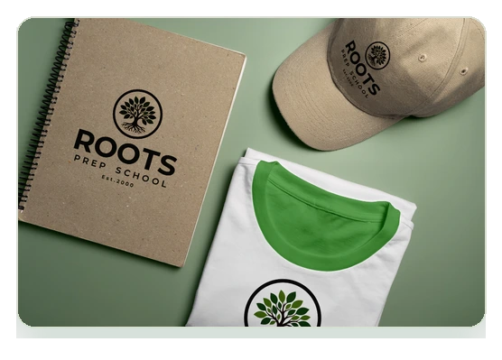 Roots Prep School brand-application mockup with a notebook, cap and T-shirt