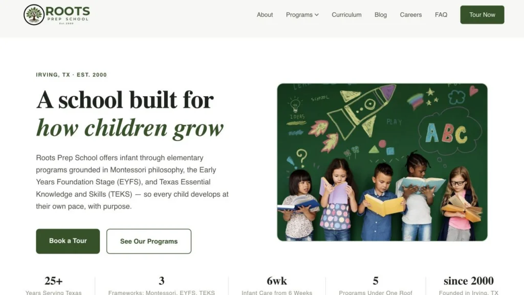 Roots Prep School desktop homepage with program information and a Book a Tour link