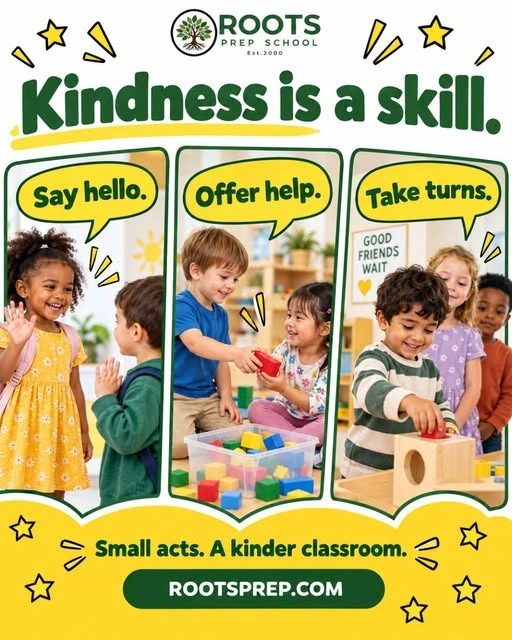 Roots Prep School kindness post with three classroom scenes and green and yellow typography