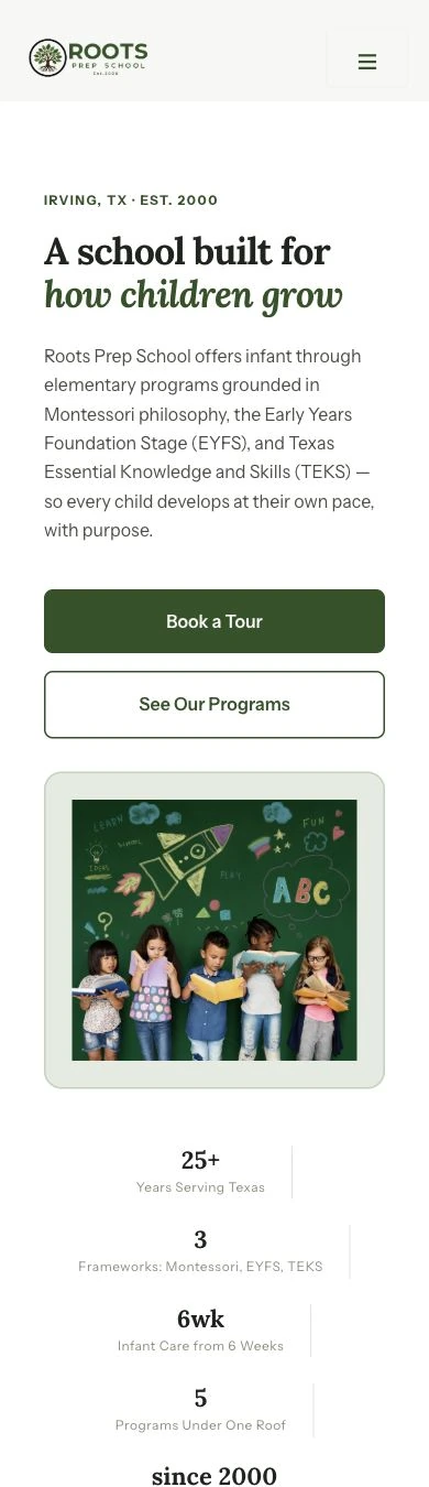 Roots Prep School mobile homepage with school introduction and tour links